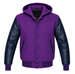 Purple and Navy Blue Hooded Letterman Jacket