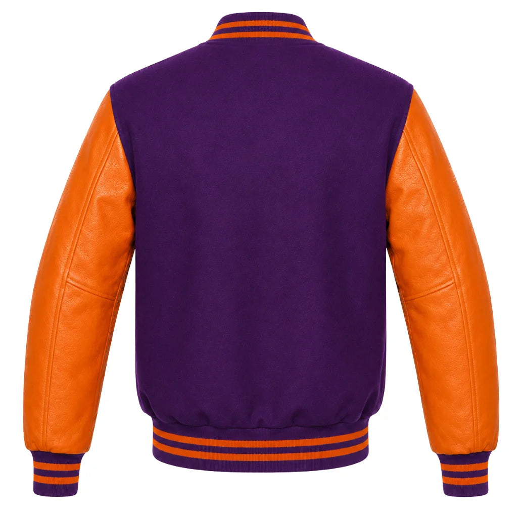 Purple wool varsity jacket, orange cowhide sleeves, back view