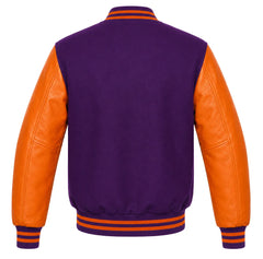 Purple wool varsity jacket, orange cowhide sleeves, back view