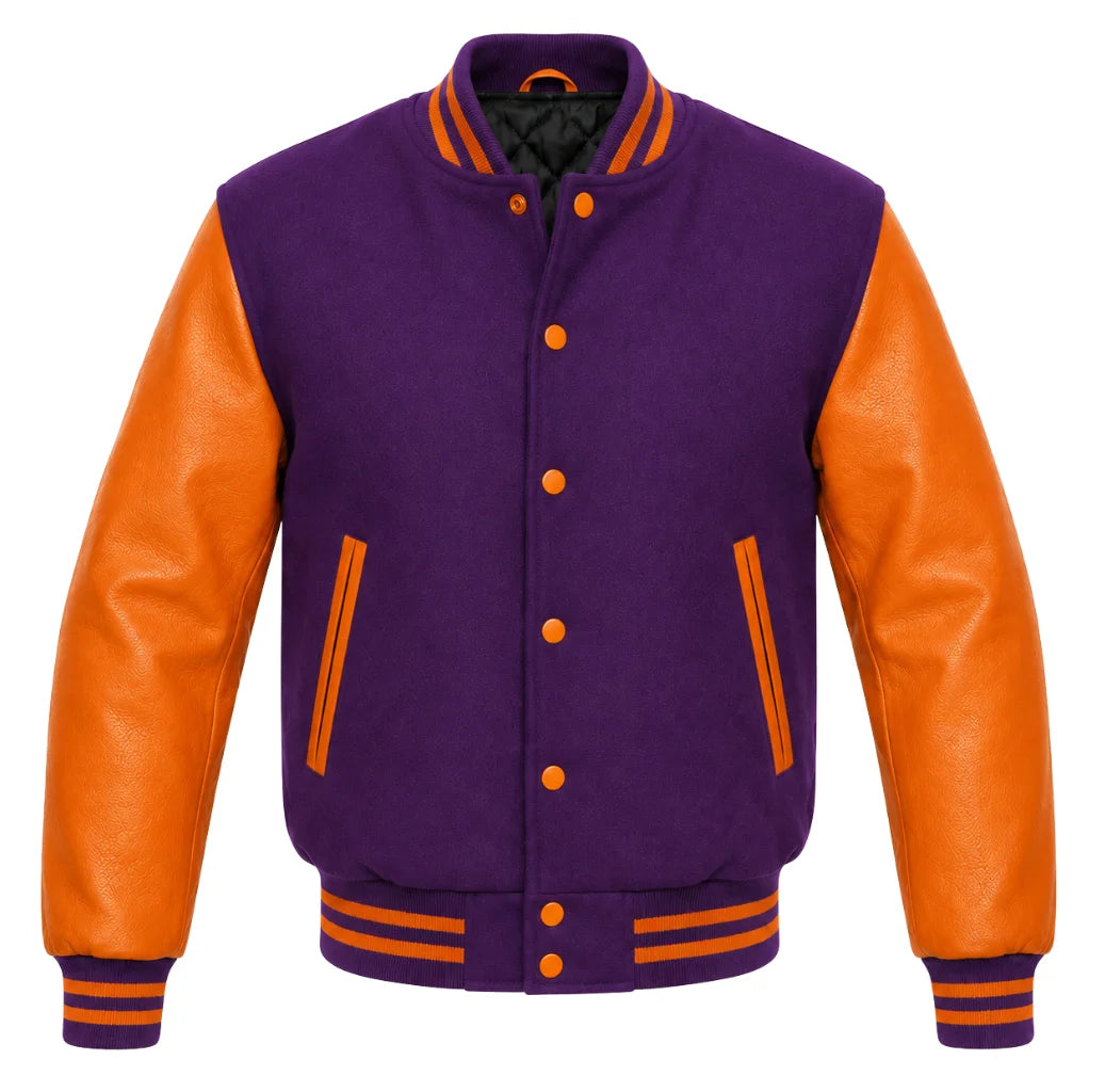 Purple melton wool varsity jacket with orange leather sleeves, front view