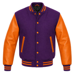 Purple melton wool varsity jacket with orange leather sleeves, front view