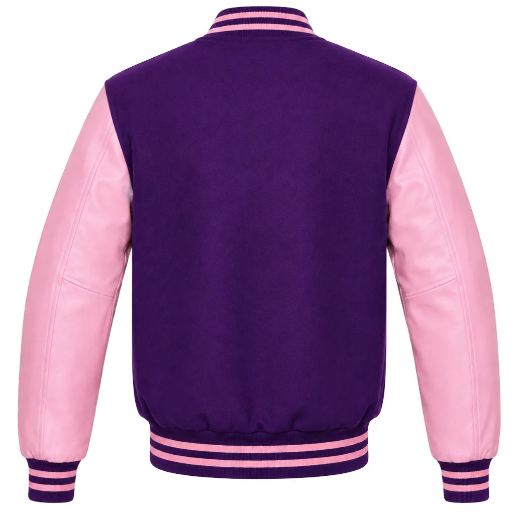 Purple wool varsity jacket with pink leather sleeves, back view