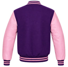 Purple wool varsity jacket with pink leather sleeves, back view