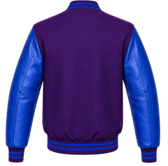 Purple wool varsity jacket with royal blue cowhide sleeves, back view