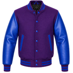 Purple melton wool varsity jacket with royal blue leather sleeves, front view