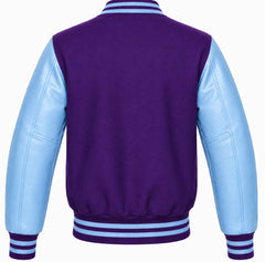 Purple wool varsity jacket with sky blue cowhide sleeves, back view