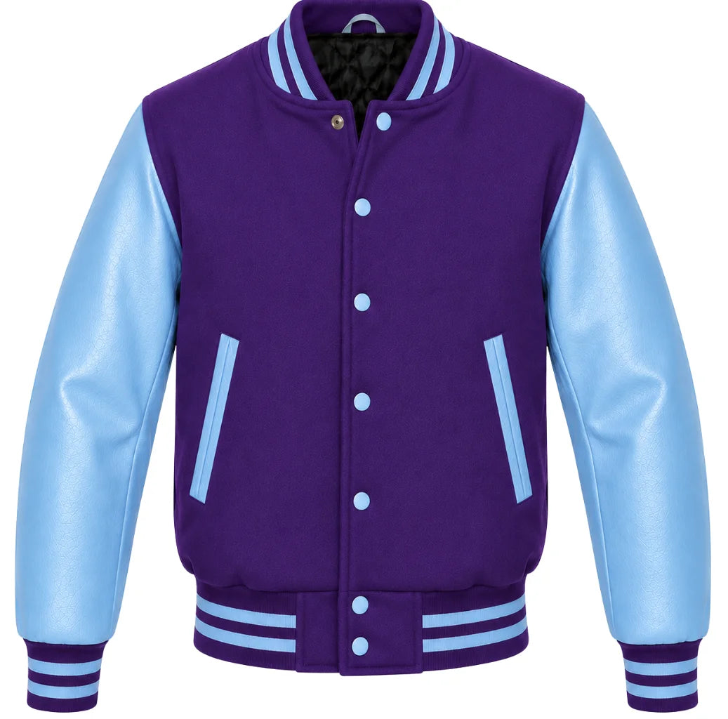 Purple melton wool varsity jacket with sky blue leather sleeves, front view