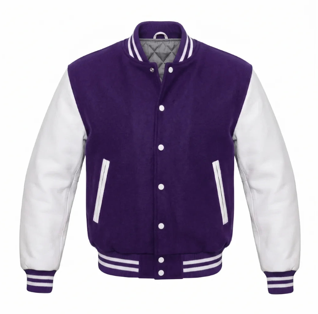 Purple and White Varsity Jacket with Wool Body and Leather Sleeves