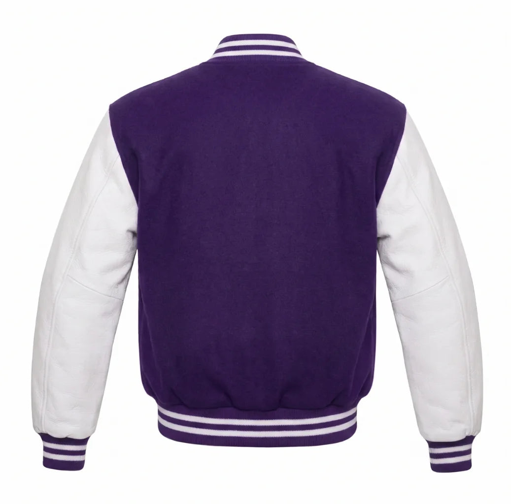 Purple and White Varsity Jacket with Wool Body and Leather Sleeves Back View