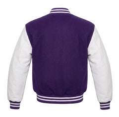 Purple and White Varsity Jacket with Wool Body and Leather Sleeves Back View