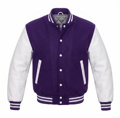Purple and White Varsity Jacket with Wool Body and Leather Sleeves