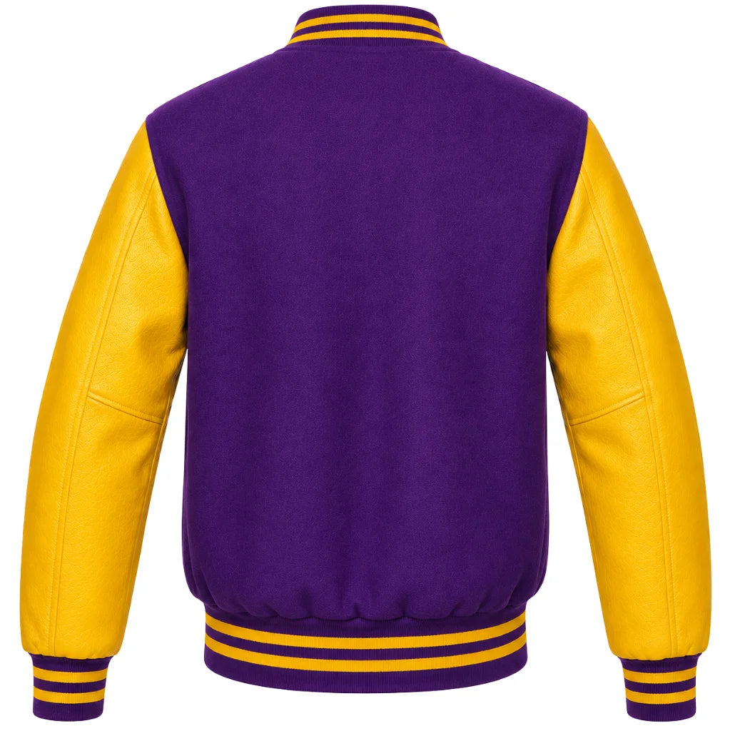 Purple wool letterman jacket with yellow cowhide leather sleeves, back view