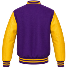Purple wool letterman jacket with yellow cowhide leather sleeves, back view