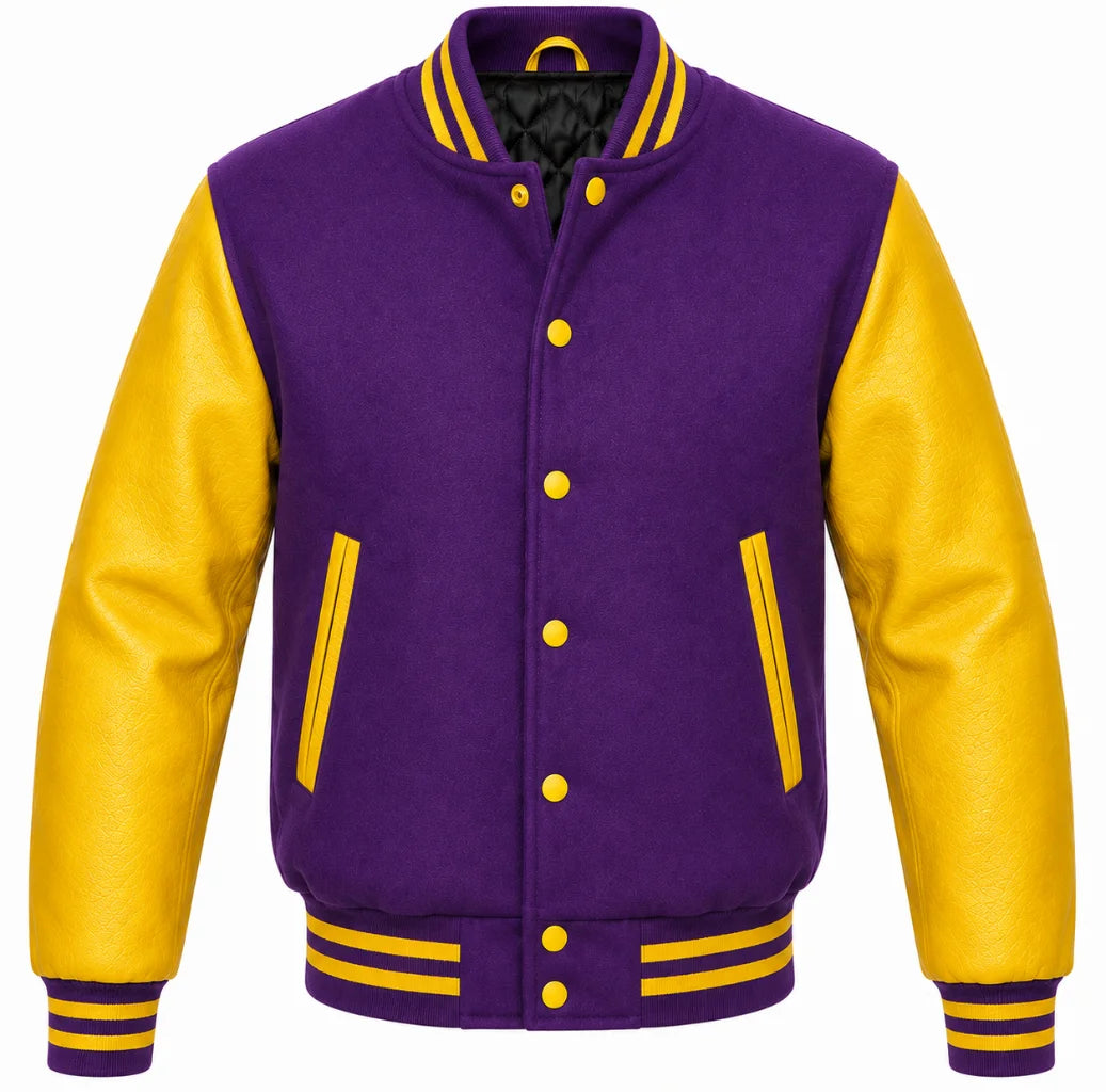 Purple melton wool letterman jacket with yellow leather sleeves, front view