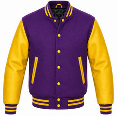 Purple melton wool letterman jacket with yellow leather sleeves, front view