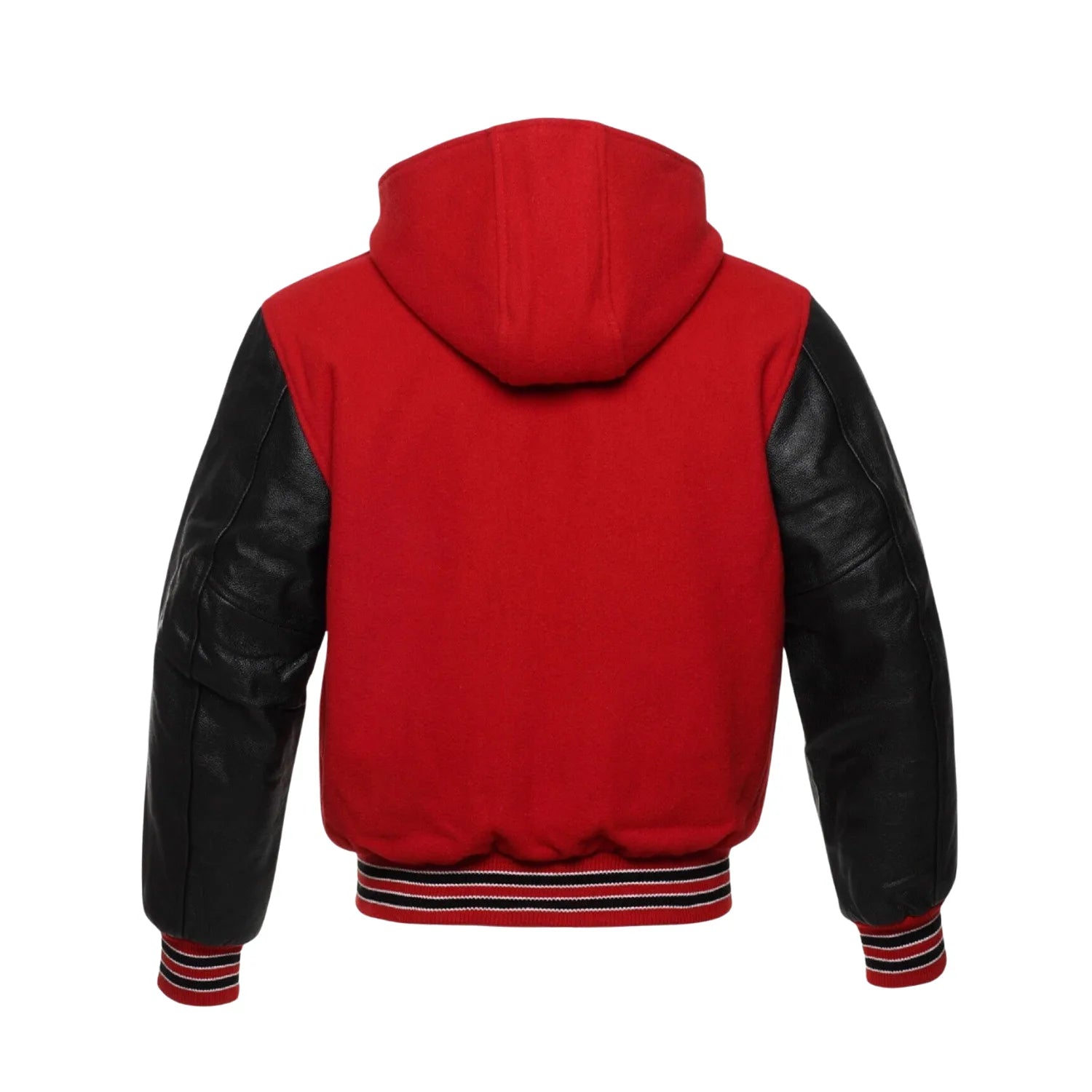 Red Wool and Black Leather Hooded Varsity Jacket Back Side
