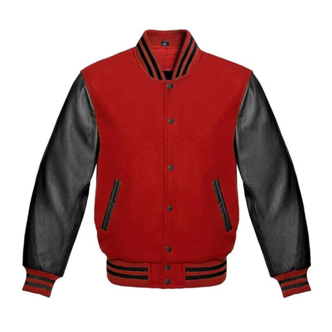 Red and Black Varsity Jacket with Wool Body and Leather Sleeves