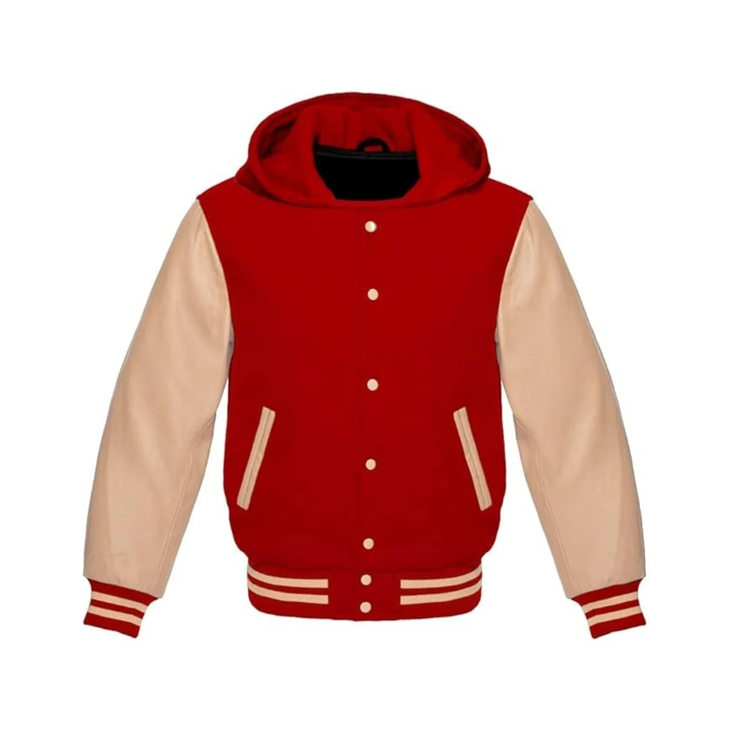 Red Wool and Cream Leather Hooded Varsity Jacket
