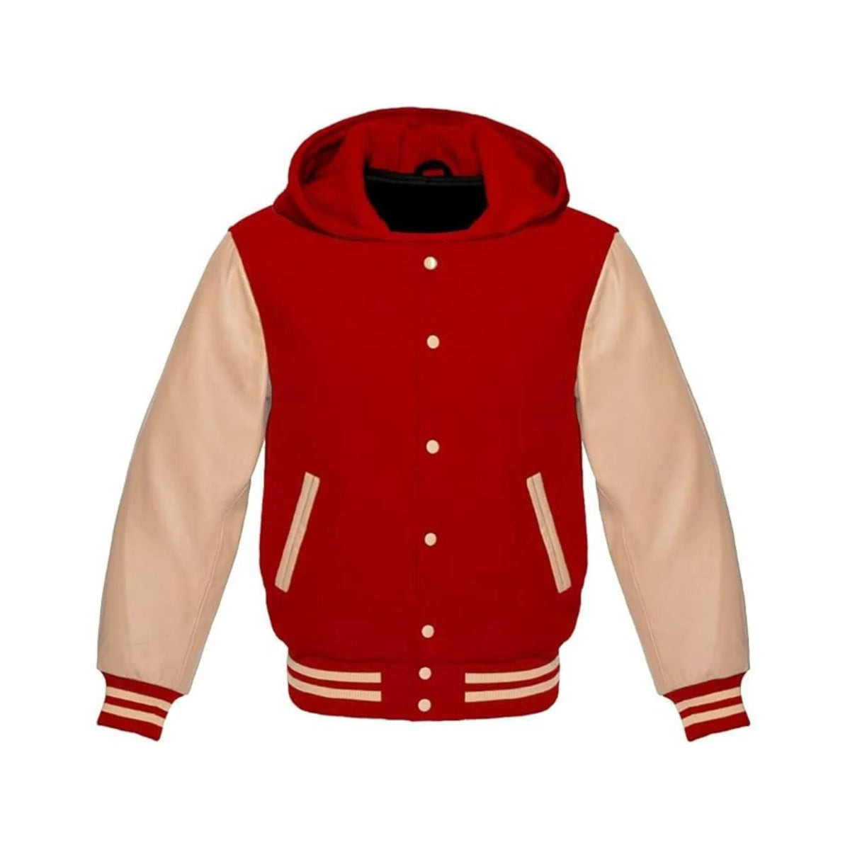 Red Wool and Cream Leather Hooded Varsity Jacket