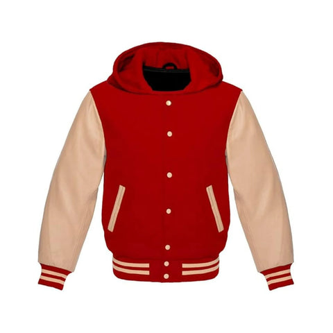 Red Wool and Cream Leather Hooded Varsity Jacket
