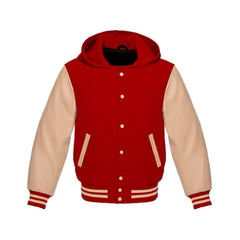 Red Wool and Cream Leather Hooded Varsity Jacket