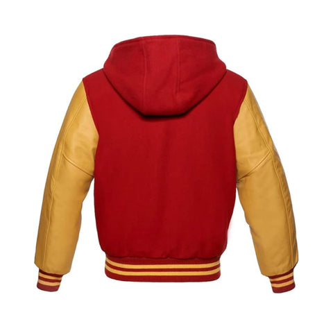 Red Wool and Gold Leather Hooded Varsity Jacket Back Side