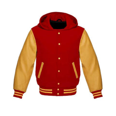 Red Wool and Gold Leather Hooded Varsity Jacket
