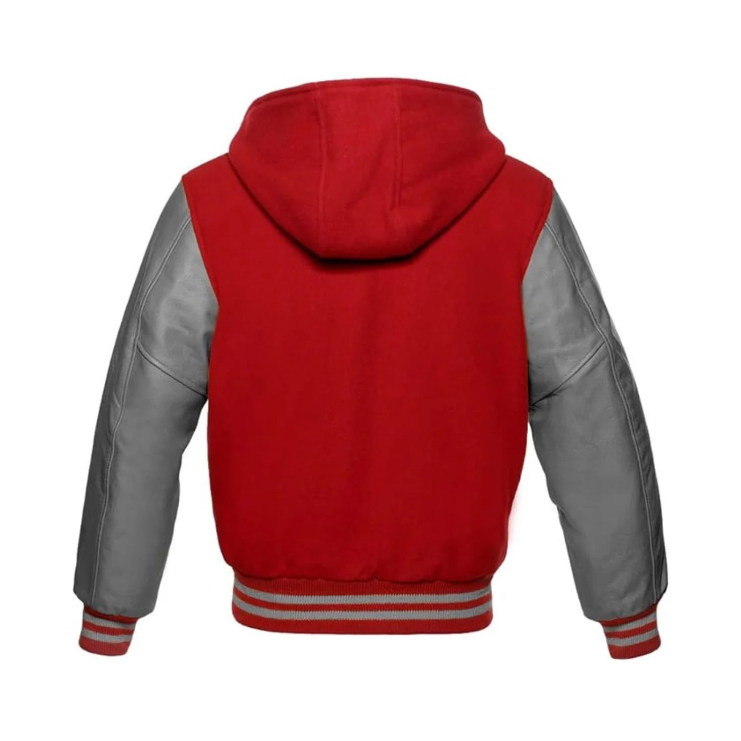 Red Wool and Grey Leather Hooded Varsity Jacket Back Side
