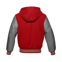 Red Wool and Grey Leather Hooded Varsity Jacket Back Side