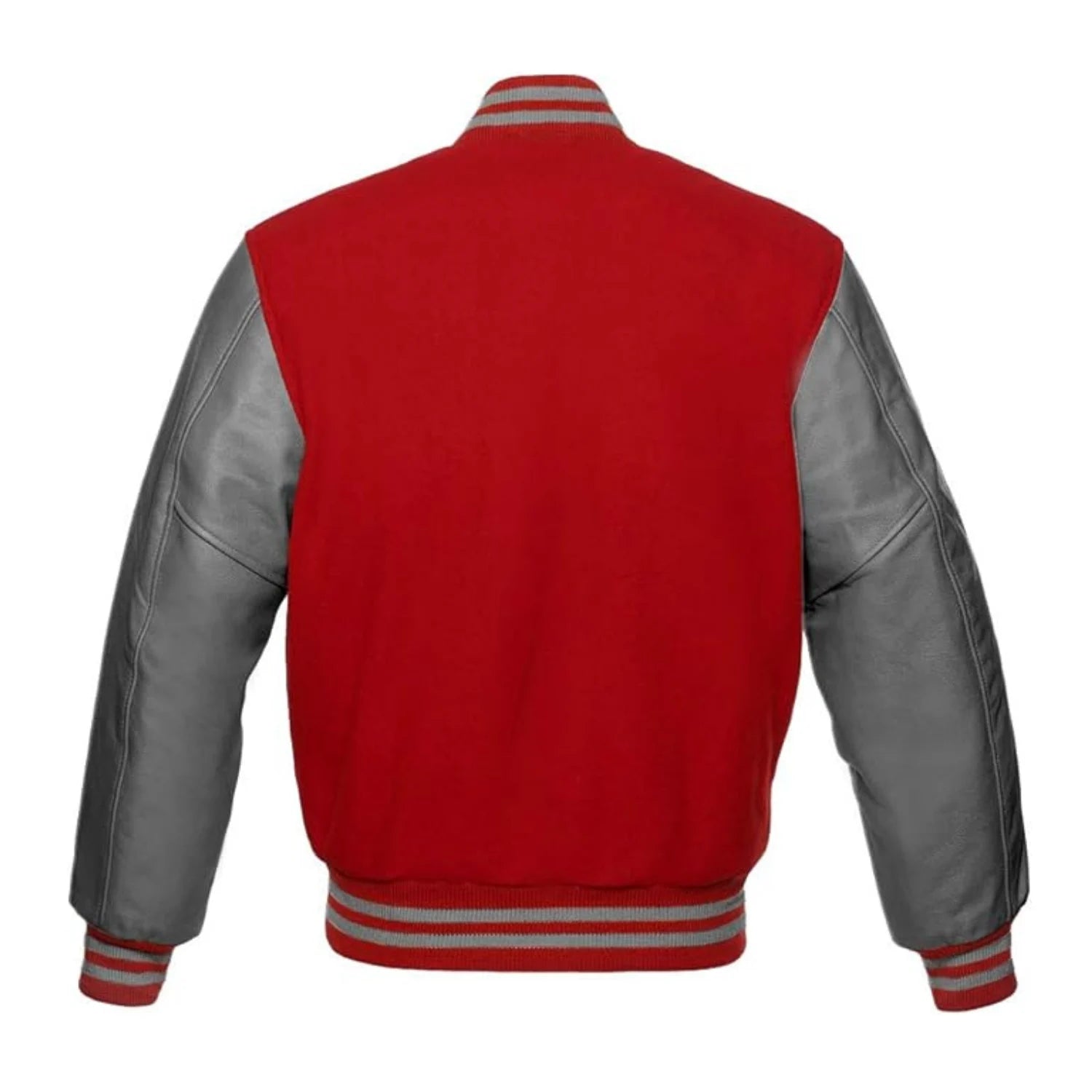 Red and Grey Varsity Jacket with Wool Body and Leather Sleeves Back Side