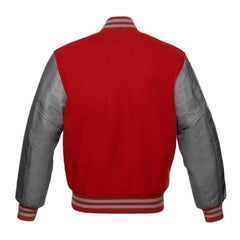 Red and Grey Varsity Jacket with Wool Body and Leather Sleeves Back Side