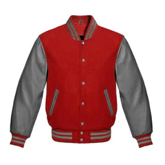 Red and Grey Varsity Jacket with Wool Body and Leather Sleeves
