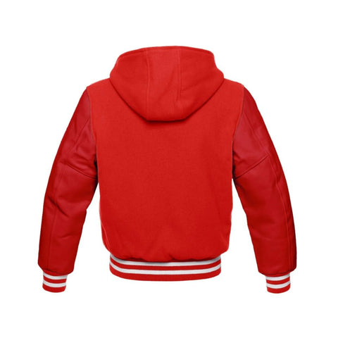 Red Wool and Leather Hooded Varsity Jacket Back Side