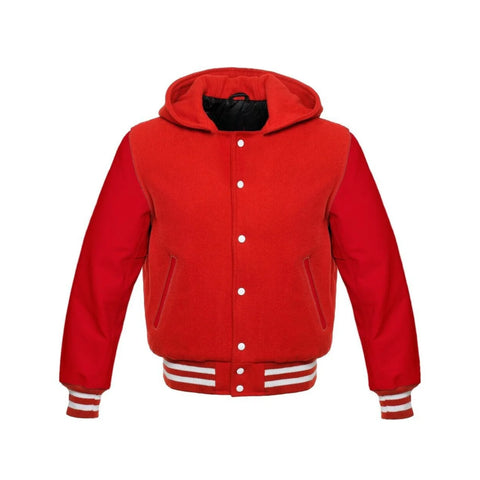 Red Wool and Leather Hooded Varsity Jacket