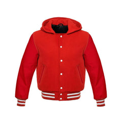 Red Wool and Leather Hooded Varsity Jacket