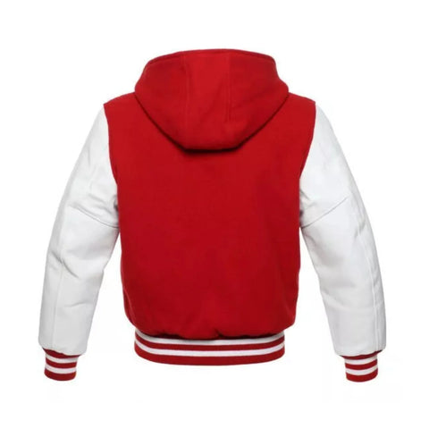 Red Wool and White Leather Hooded Varsity Jacket Back Side