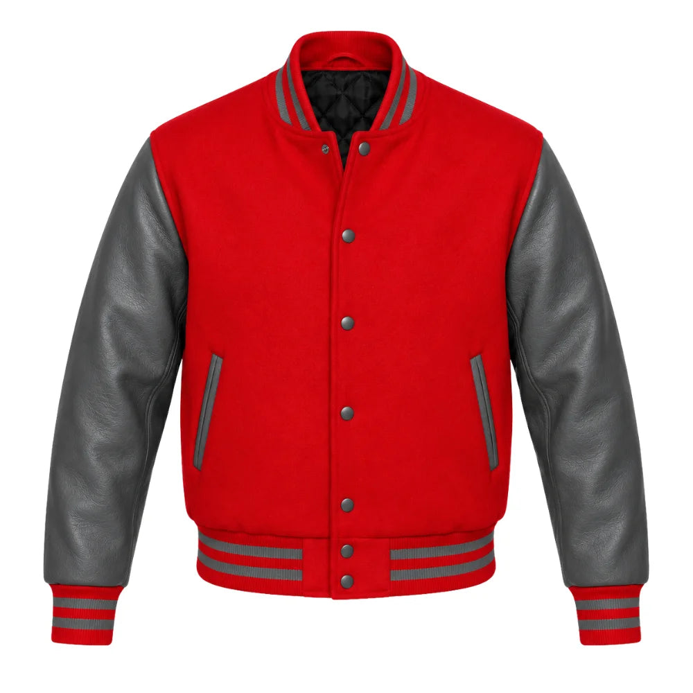 Red and Grey Varsity Jacket with Wool Body and Leather Sleeves