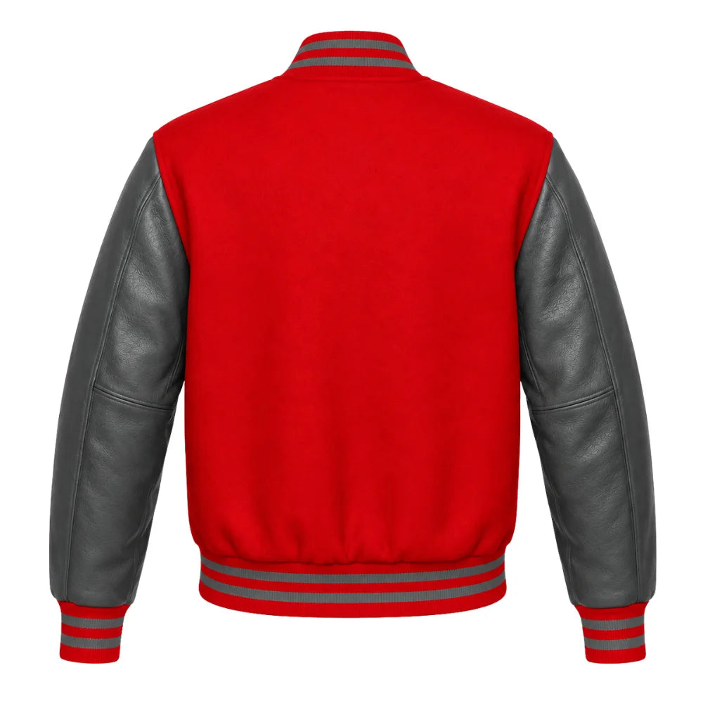 Red and Grey Varsity Jacket with Wool Body and Leather Sleeves Back Side