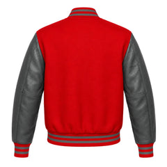 Red and Grey Varsity Jacket with Wool Body and Leather Sleeves Back Side