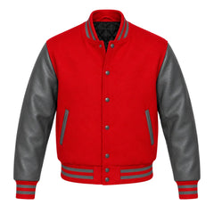Red and Grey Varsity Jacket with Wool Body and Leather Sleeves