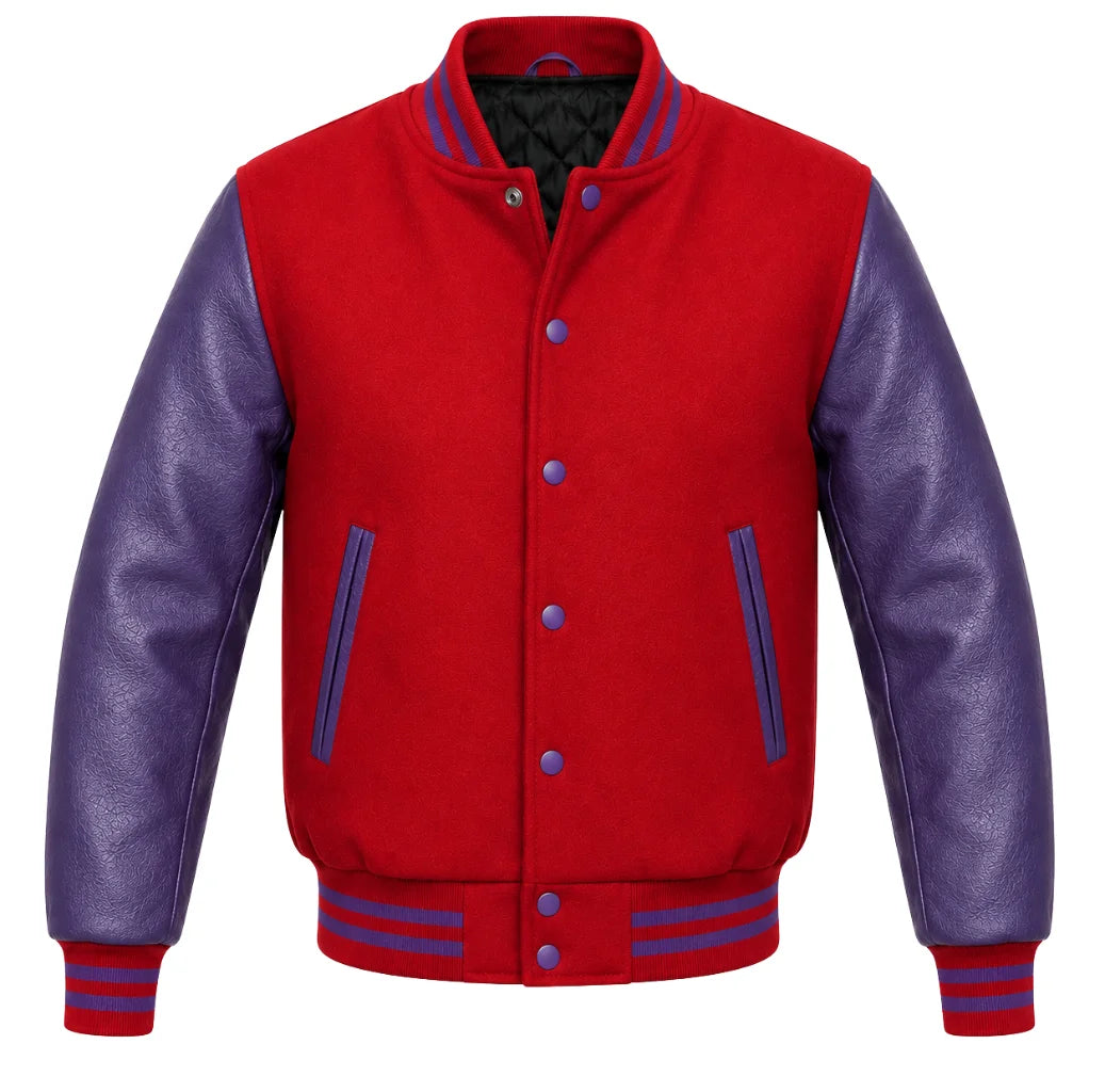 Red melton wool letterman jacket with purple cowhide leather sleeves, front view