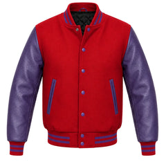 Red melton wool letterman jacket with purple cowhide leather sleeves, front view