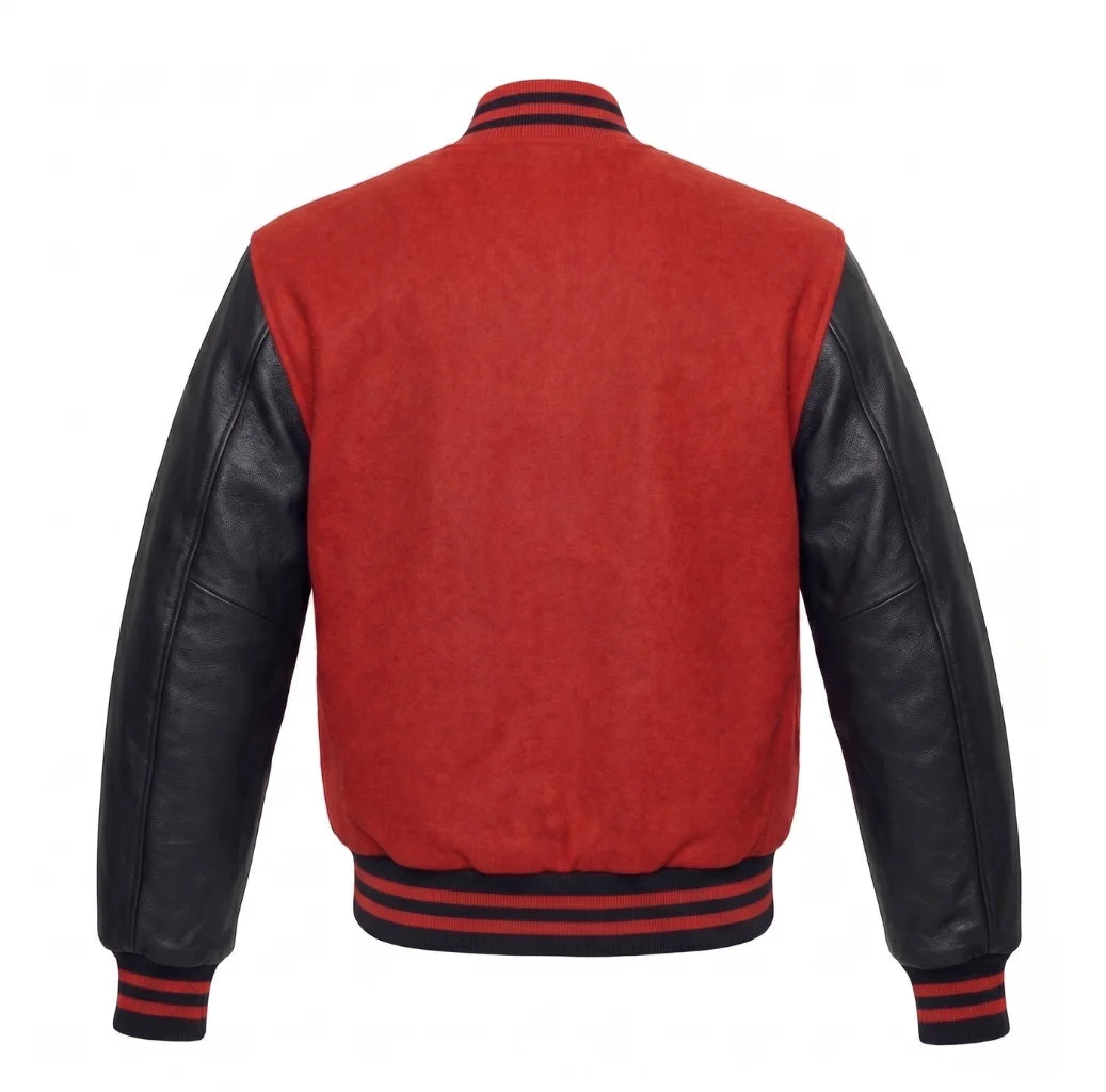 Red and Black Varsity Jacket with Wool Body and Leather Sleeves Back View
