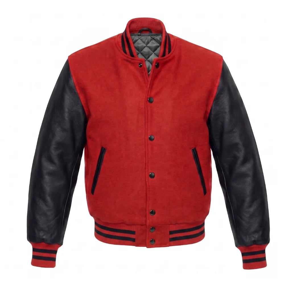 Red and Black Varsity Jacket with Wool Body and Leather Sleeves