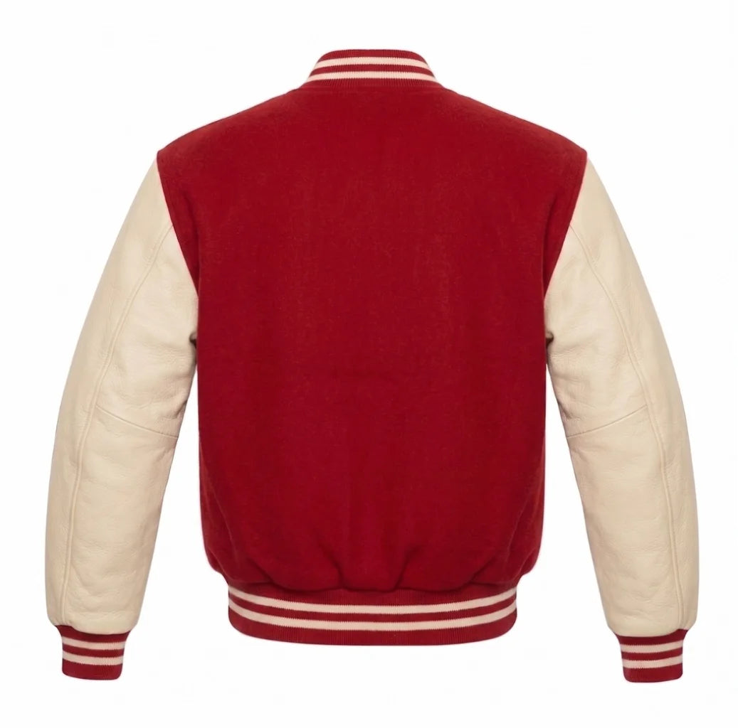 Red and Cream Varsity Jacket with Wool Body and Leather Sleeves Back View