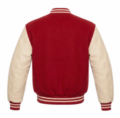 Red and Cream Varsity Jacket with Wool Body and Leather Sleeves Back View