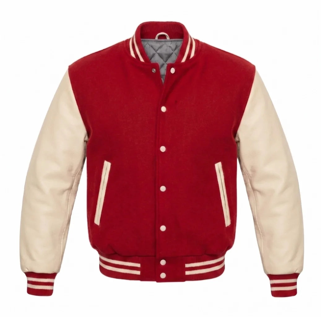 Red and Cream Varsity Jacket with Wool Body and Leather Sleeves