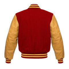 Red and Gold Varsity Jacket with Wool Body and Leather Sleeves Back Side