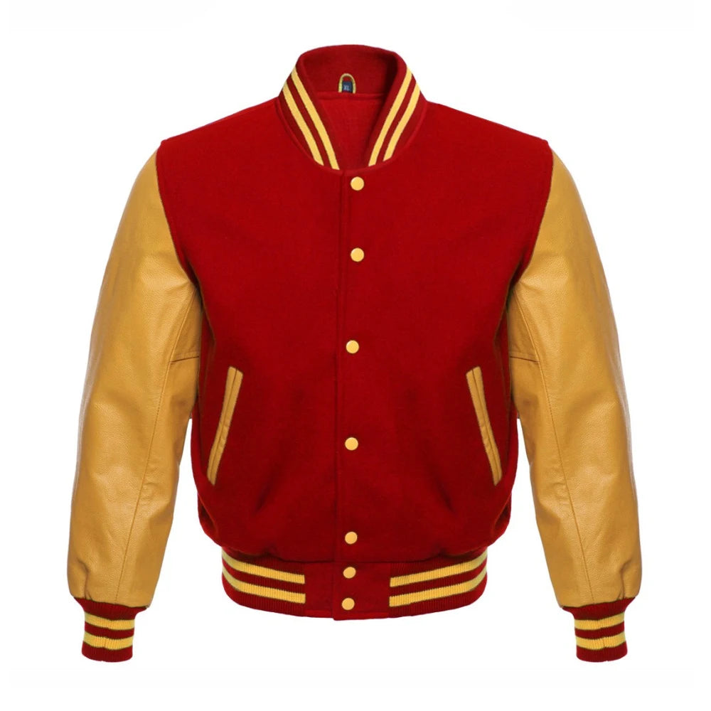 Red and Gold Varsity Jacket with Wool Body and Leather Sleeves