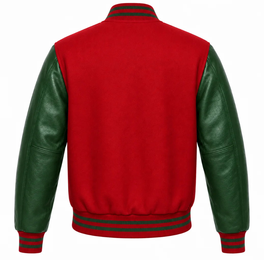 Red wool letterman jacket with green cowhide leather sleeves, back view